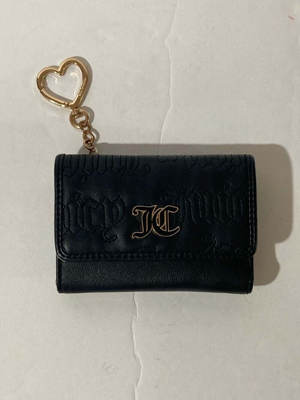 Juicy Couture Black Embossed Gothic Logo Tri-Fold Wallet with Heart Keychain